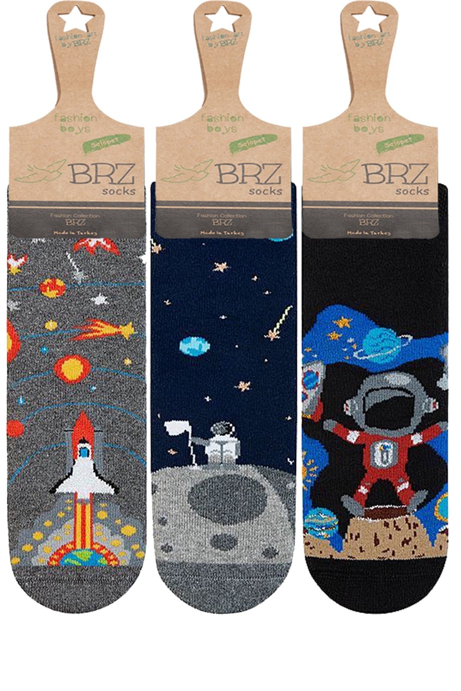 BRZ Kids Uzay Desenli Havlu Tabanaltı Baskılı  Erkek Çocuk Çorabı 3lü Set