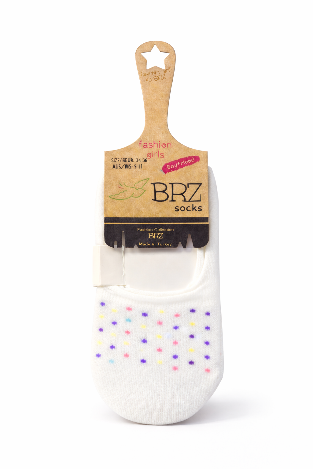 BRZ Kız Çocuk Babet Çorap 3lü Set – Renkli Puantiyeli, Günlük Kullanım Beyaz-Mor-Krem