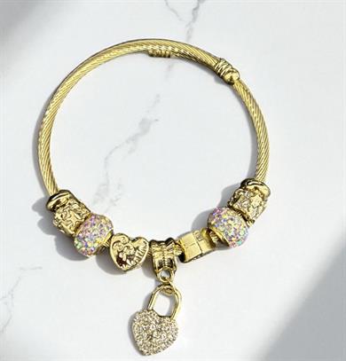 Altın Kalp Kilit Charm Bileklik – Ayarlanabilir Bilezik, Parıltılı Boncuklar ve Romantik Süsler | Sevgiliye Hediye
