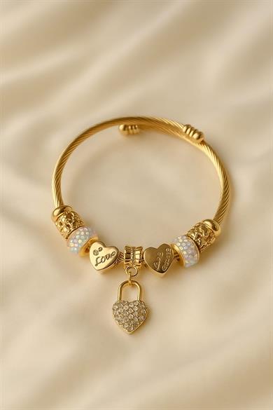 Altın Kalp Kilit Charm Bileklik – Ayarlanabilir Bilezik, Parıltılı Boncuklar ve Romantik Süsler | Sevgiliye Hediye