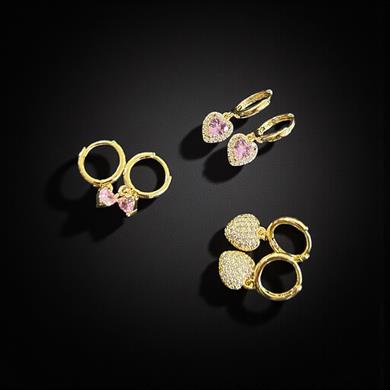 BRZ Collection 3lü Altın Renk Hoop Küpe Seti – Pembe Kalp, Taşlı & Kristal Küpeler | Altın & Gümüş Seçenekli, Romantik Hediye