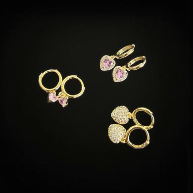 BRZ Collection 3lü Altın Renk Hoop Küpe Seti – Pembe Kalp, Taşlı & Kristal Küpeler | Altın & Gümüş Seçenekli, Romantik Hediye
