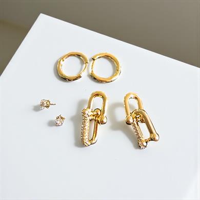 BRZ Collection 3lü Altın Renk Küpe Seti – Yıldız Figürlü, Modern Halka ve Taşlı Küpeler 