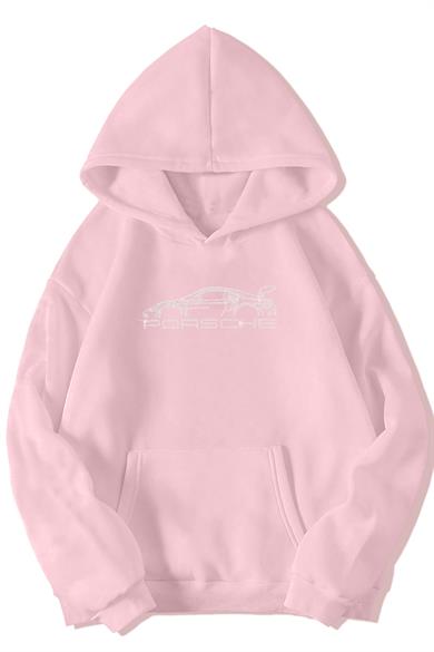 BRZ Collection Açık Pembe Unisex Oversize Taş Baskılı Porsche Hoodie Açık Pembe
