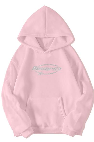 BRZ Collection Açık Pembe Unisex Oversize Taş Baskılı Reverse Hoodie Açık Pembe
