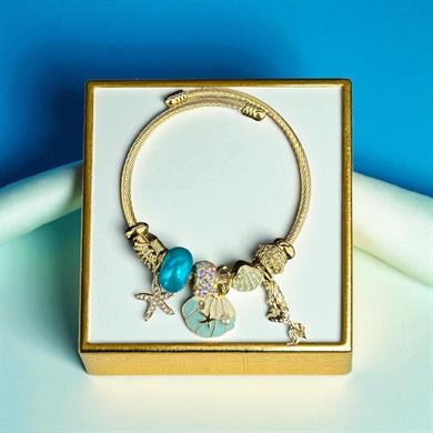 BRZ Collection Altın Denizkızı Charm Bileklik – Ayarlanabilir Okyanus Temalı Bilezik, Deniz Yıldızı, Kabuk, Turkuaz & Yaz Figürleri 