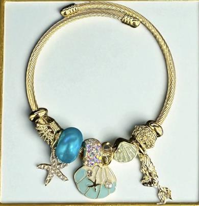 BRZ Collection Altın Denizkızı Charm Bileklik – Ayarlanabilir Okyanus Temalı Bilezik, Deniz Yıldızı, Kabuk, Turkuaz & Yaz Figürleri 