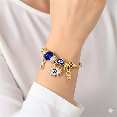 BRZ Collection Altın Nazar Boncuklu Charm Bileklik 