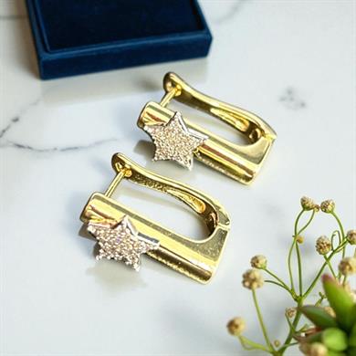 BRZ Collection Altın Yıldız Geometrik Küpe – Modern Kare Halka ve Parlak Yıldız Charm Detaylı | Trend Kadın Takı