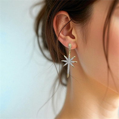 BRZ Collection Altın Yıldız Işığı Sallantılı Küpe – Zirkon Taşlı, Parlak Statement Tasarım | Gökyüzü Temalı Kadın Takı