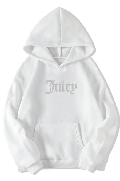 BRZ Collection Beyaz Unisex Oversize Taş Baskılı Juicy Hoodie Beyaz