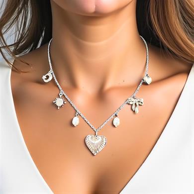 BRZ Collection Charm Kolye – Altın & Gümüş Renk | Ay, Yıldız, Güneş, Kalp, Kurdele ve İnci Sembollü Kolye