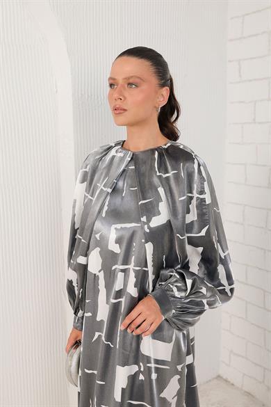 BRZ Collection Dijital Baskılı Saten Şık Elbise Antrasit