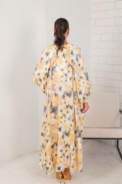 BRZ Collection Dijital Baskılı Saten Şık Elbise Sarı