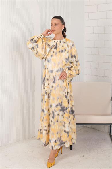 BRZ Collection Dijital Baskılı Saten Şık Elbise Sarı