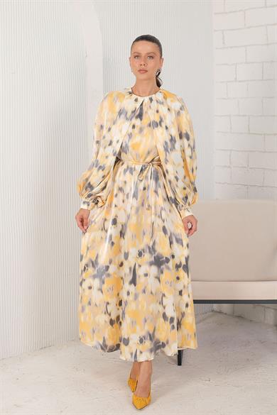 BRZ Collection Dijital Baskılı Saten Şık Elbise Sarı