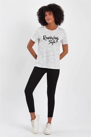 BRZ Collection Ekru Renk Siyah  Kırçıllı Kadın Kısa Kollu T-shirt
