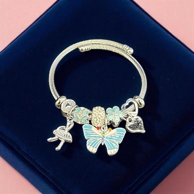 BRZ Collection Gümüş Kelebek & Balerin Charm Bileklik – Ayarlanabilir Bilezik, Emaye Çiçek ve Kalp Detaylı 