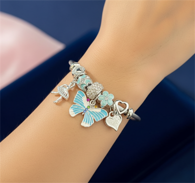 BRZ Collection Gümüş Kelebek & Balerin Charm Bileklik – Ayarlanabilir Bilezik, Emaye Çiçek ve Kalp Detaylı 