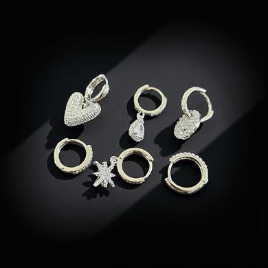 BRZ Collection Gümüş Renk 6lı Paslanmaz Çelik Tekli Hoop Küpe Seti – Kalp, Yıldız, Damla, Oval Charm | Altın & Gümüş Seçenekli