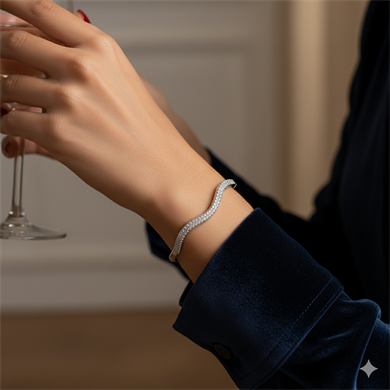 BRZ Collection Gümüş Renk Dalga Tasarımlı Taşlı Paslanmaz Çelik Bilezik