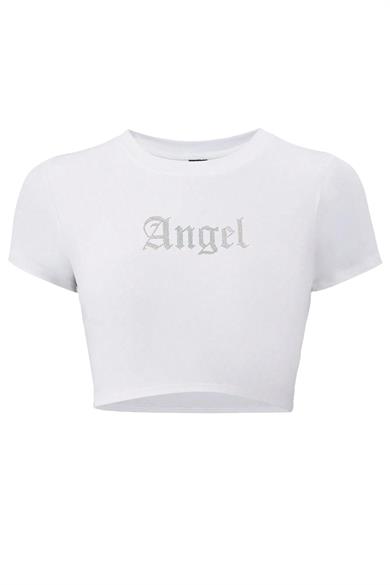 BRZ Collection Kadın Angel Kristal Taş Baskılı Crop T-shirt Beyaz