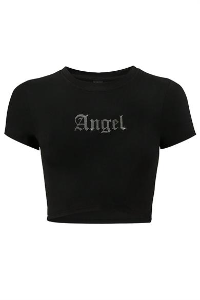 BRZ Collection Kadın Angel Kristal Taş Baskılı Crop T-shirt Siyah