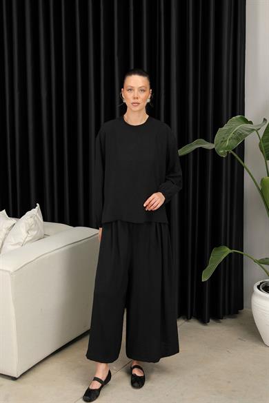 BRZ Collection Kadın Bol Pantolonlu Tunikli Siyah Takım