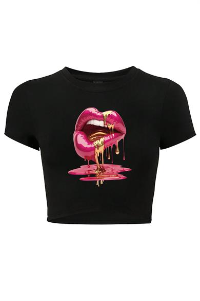 BRZ Collection Kadın Casu Lip Dudak Baskılı Crop T-shirt Siyah