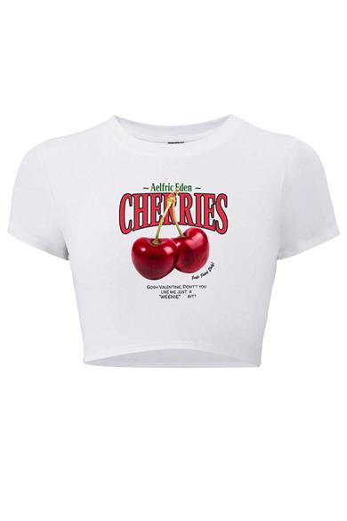 BRZ Collection Kadın Cherries Kristal Taş Baskılı Crop T-shirt Beyaz