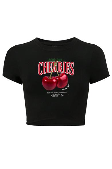 BRZ Collection Kadın Cherries Kristal Taş Baskılı Crop T-shirt Siyah
