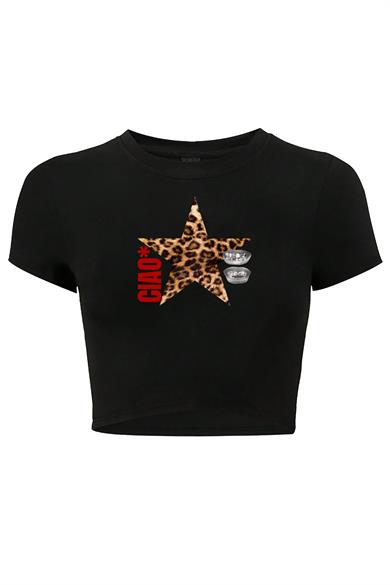 BRZ Collection Kadın Ciao Leopar Yıldız Desenli Crop T-shirt Siyah