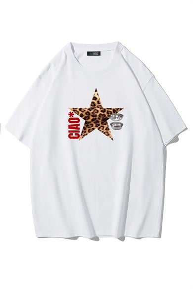 BRZ Collection Kadın Ciao Leopar Yıldız Desenli T-shirt Beyaz