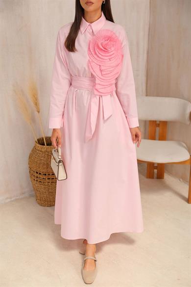 BRZ Collection Kadın Çıkarılabilir Gül Detaylı Pembe Elbise