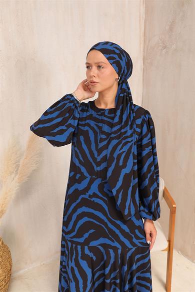 BRZ Collection Kadın Desenli Şallı Elbise Lacivert