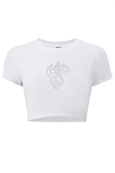 BRZ Collection Kadın Dragon Kristal Taş Baskılı Crop T-shirt Beyaz