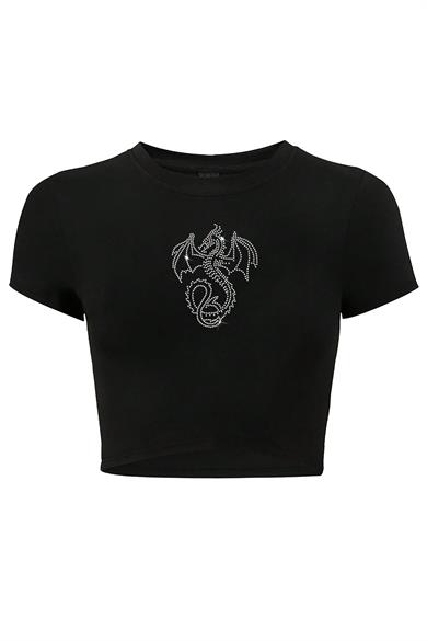 BRZ Collection Kadın Dragon Kristal Taş Baskılı Crop T-shirt Siyah