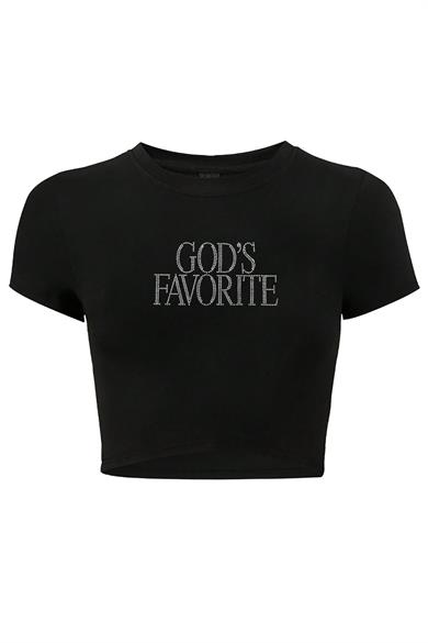 BRZ Collection Kadın Gods Favorite Kristal Taş Baskılı Crop T-shirt Siyah