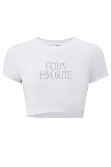 BRZ Collection Kadın Gods Favorite Kristal Taş Baskılı Crop T-shirt Beyaz