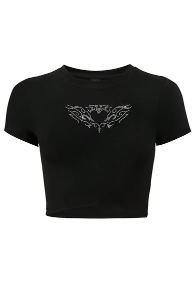 BRZ Collection Kadın Heart Kristal Taş Baskılı Crop T-shirt Siyah