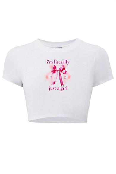 BRZ Collection Kadın Im Literally Just a Girl Crop T-shirt Beyaz