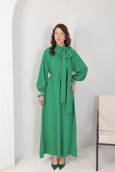 BRZ Collection Kadın İnci Detaylı Benetton Yeşili Elbise