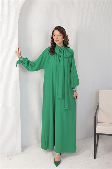 BRZ Collection Kadın İnci Detaylı Benetton Yeşili Elbise