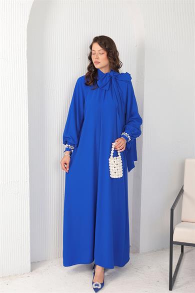 BRZ Collection Kadın İnci Detaylı Saks Elbise