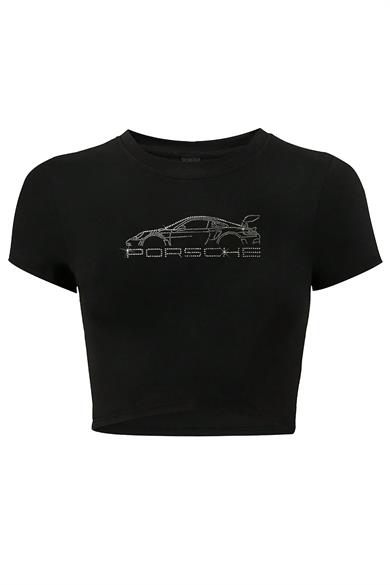 BRZ Collection Kadın Kristal Taş Baskılı Porsche Crop T-shirt Siyah