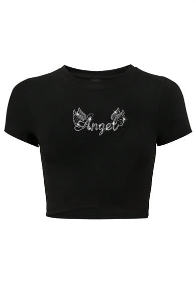 BRZ Collection Kadın Kristal Taş Baskılı Angel Crop T-shirt Siyah
