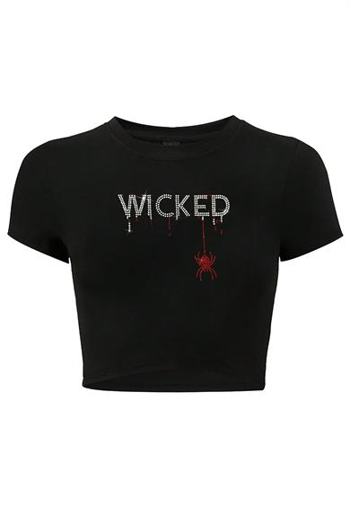 BRZ Collection Kadın Kristal Taş Baskılı Red Wicked Crop T-shirt Siyah