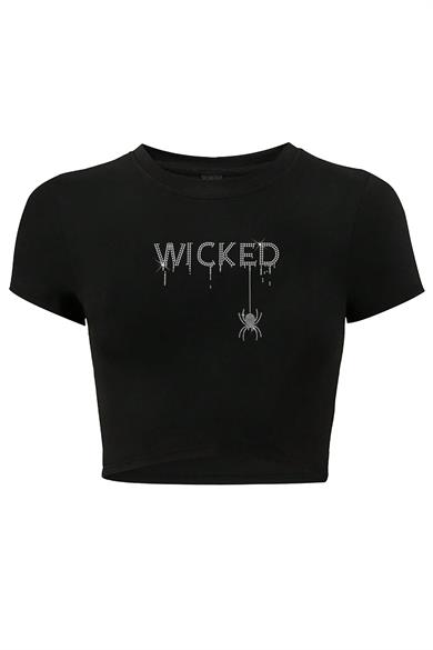 BRZ Collection Kadın Kristal Taş Baskılı White Wicked Crop T-shirt Siyah