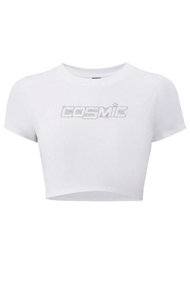 BRZ Collection Kadın Kristal Taş Baskılı Cosmic Crop T-shirt Beyaz