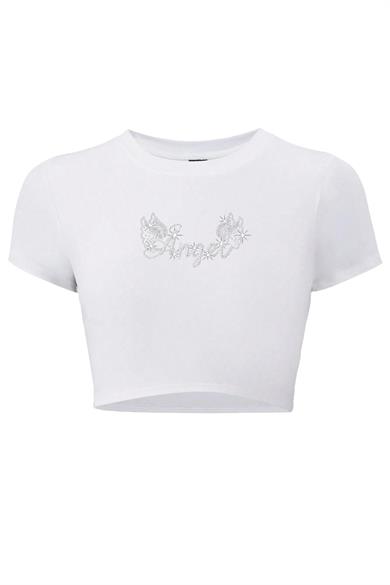 BRZ Collection Kadın Kristal Taş Baskılı Angel Crop T-shirt Beyaz